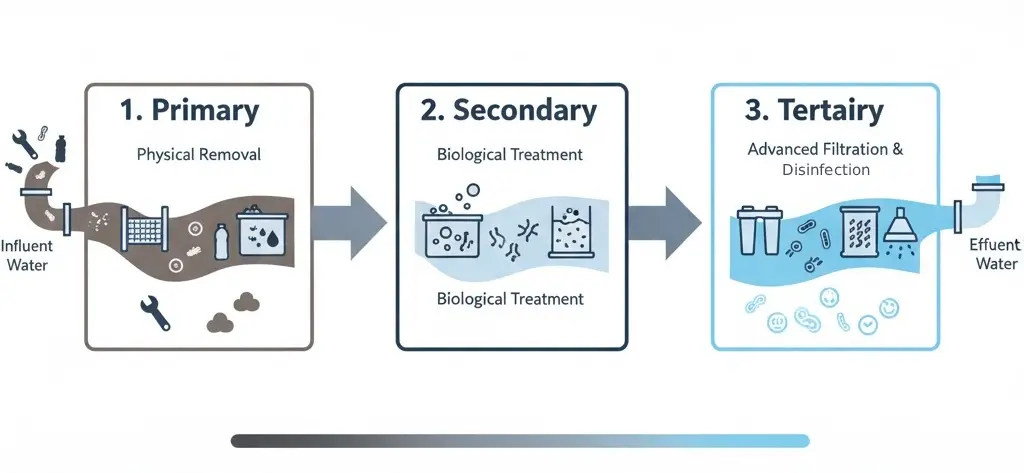 Diagrama de tres etapas del tratamiento de agua
